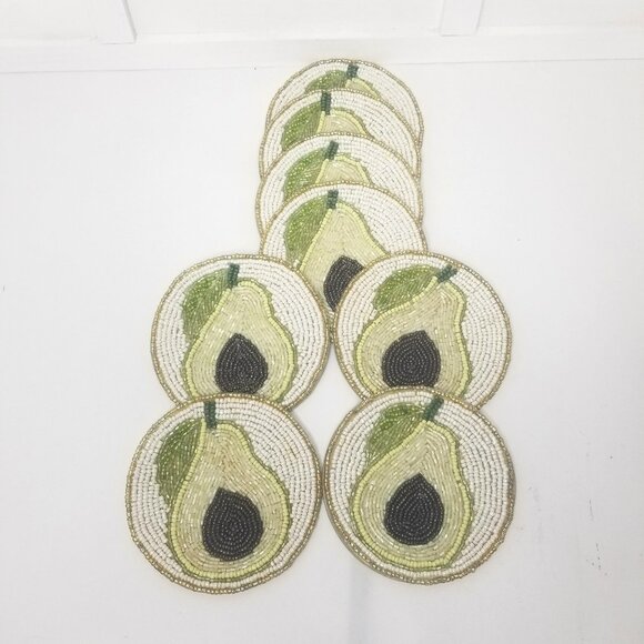 Coaster Set of 8 India Round 4.5" Seed Bead Beaded Pear Avocado Fruit Stackable - Picture 1 of 9